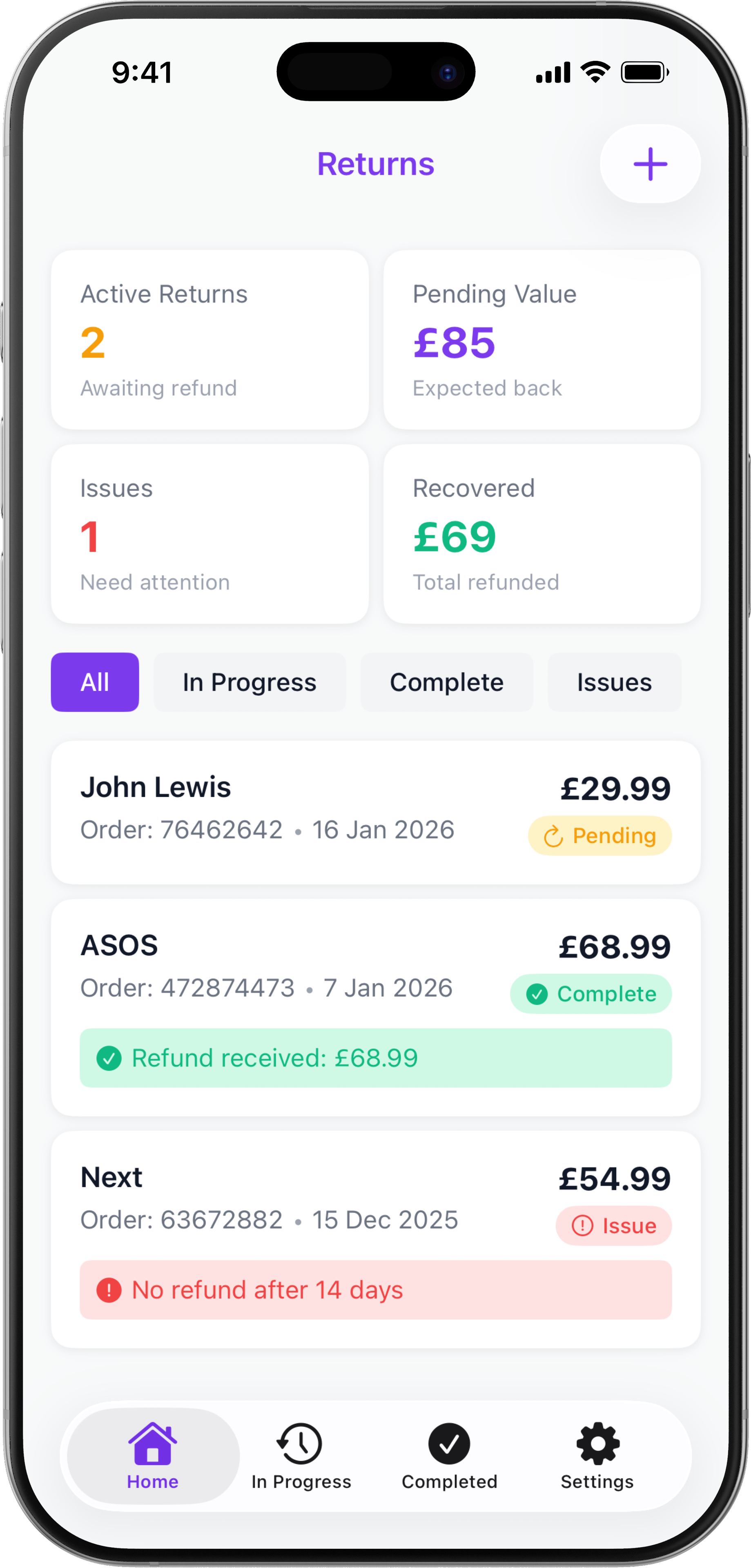 REFUNDI App - Returns Dashboard