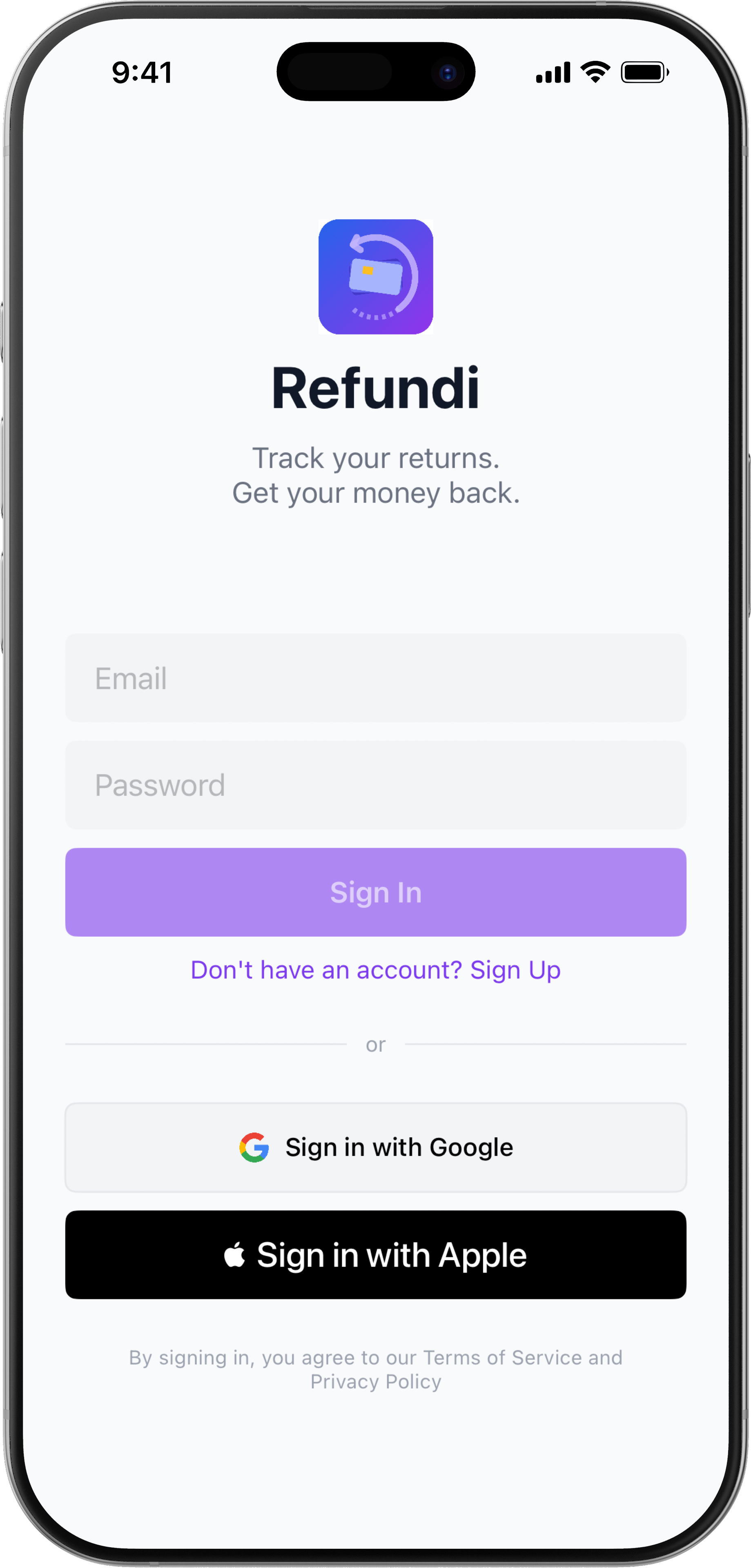 REFUNDI App - Login Screen